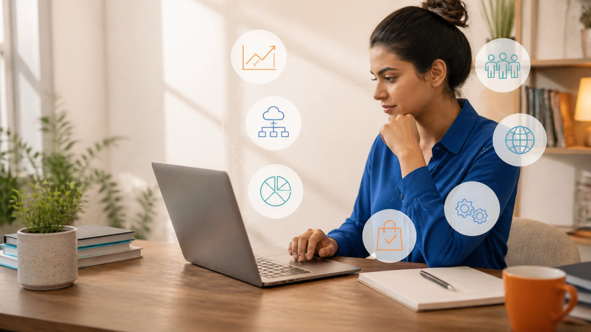 Professional reviewing a digital business at a bright desk
