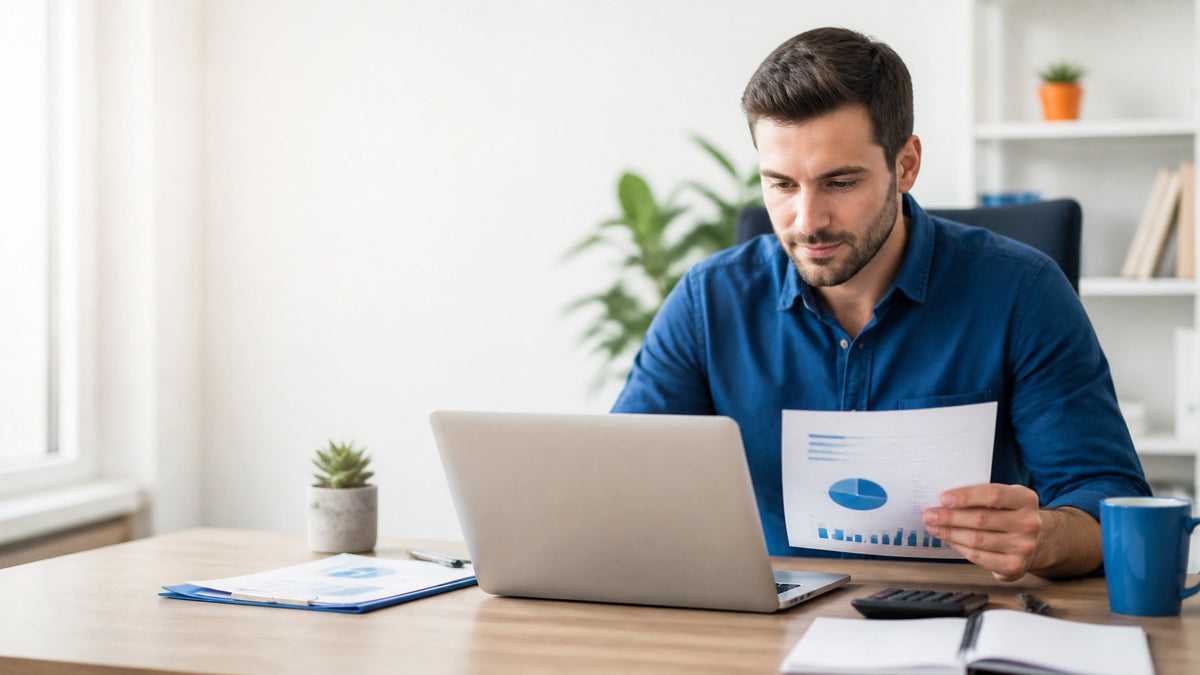 Professional reviewing website analytics and financial documents before buying an online business