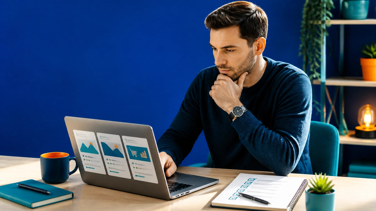 Professional buyer reviewing an online business marketplace on a laptop